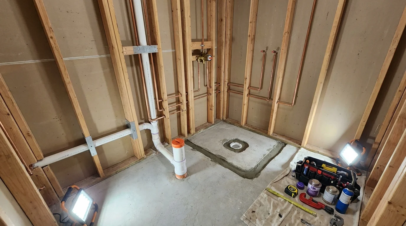 Bathroom rough-in plumbing during remodel by Johns Plumbing LLC in Amelia