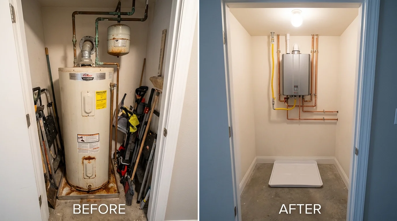 Tank water heater versus wall-mounted tankless unit comparison for Amelia, OH homeowners