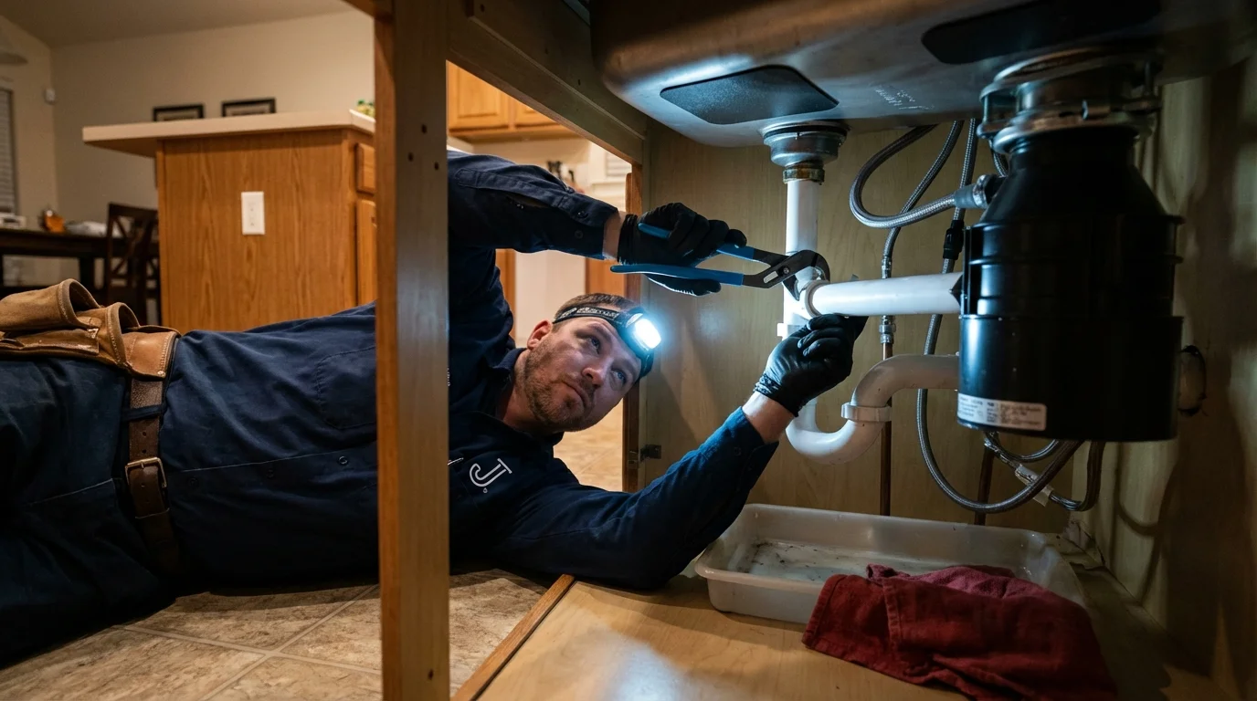 P-trap and supply line connections under a kitchen sink showing a common leak point in Amelia, OH